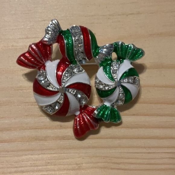 Holiday Candy Brooch With Rhinestones Red & Green Pin - Picture 1 of 3